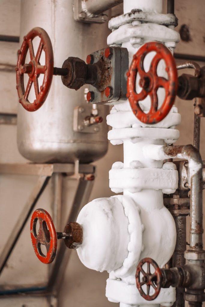Detailed image of frosted industrial pipes and red valves in a factory setting.